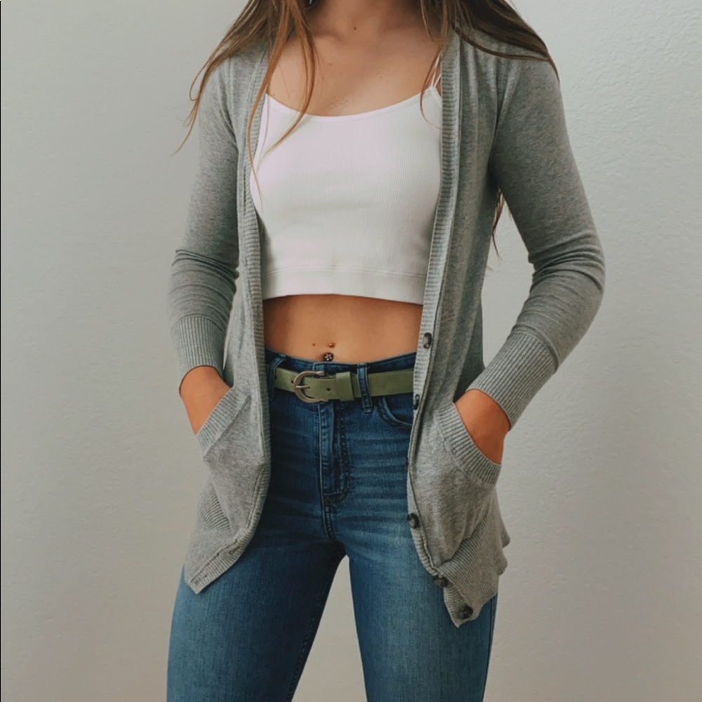 long gray cardigan with buttons
